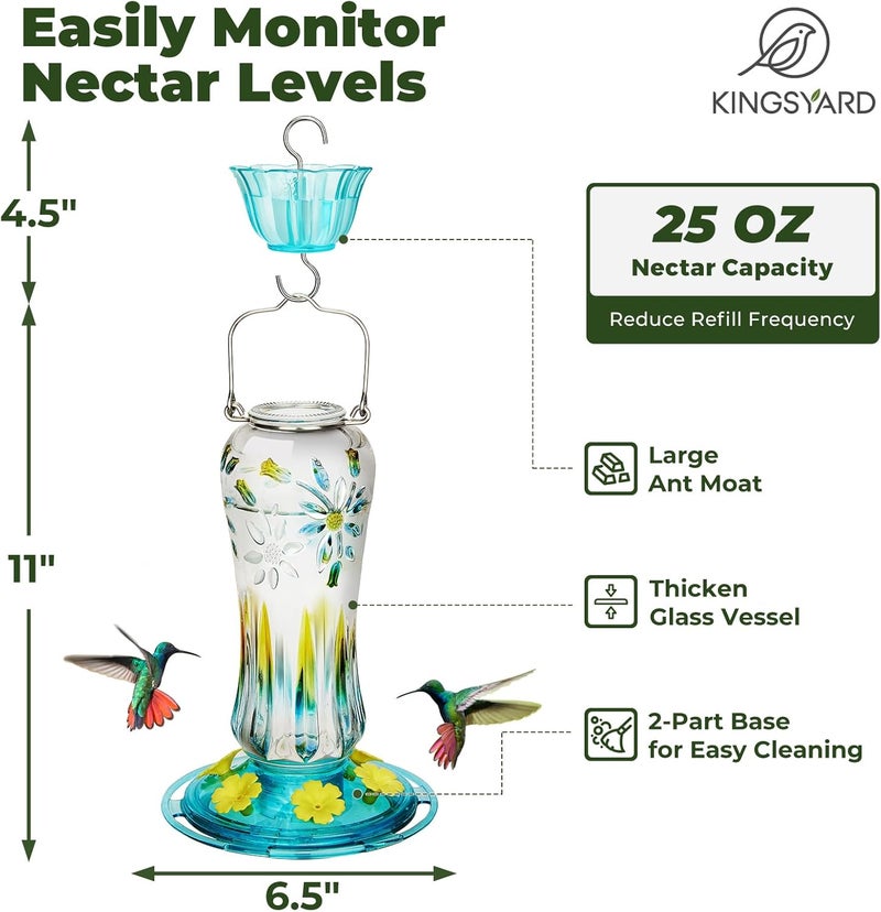 Kingsyard Hummingbird Feeder for Outdoors Hanging, 25 Ounces, Glass Humming Bird Nectar Feeder with Ant Moat & 6 Feeding Ports, Leak Proof, Turquoise - Image 2